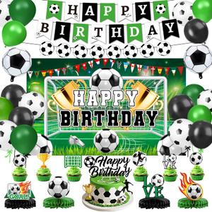 Soccer Birthday Party Decorations Includes Banner, Backdrop, Foil & Latex Balloons, Cake & Cupcake Toppers, Honeycomb Centerpieces for Boy Soccer Themed Party Decorations