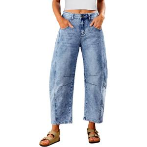 Utyful Barrel Jeans Women Cropped Baggy Trendy High Waisted Distressed Loose Stretch Denim Trouser Jeans with Pockets (Blue, M)