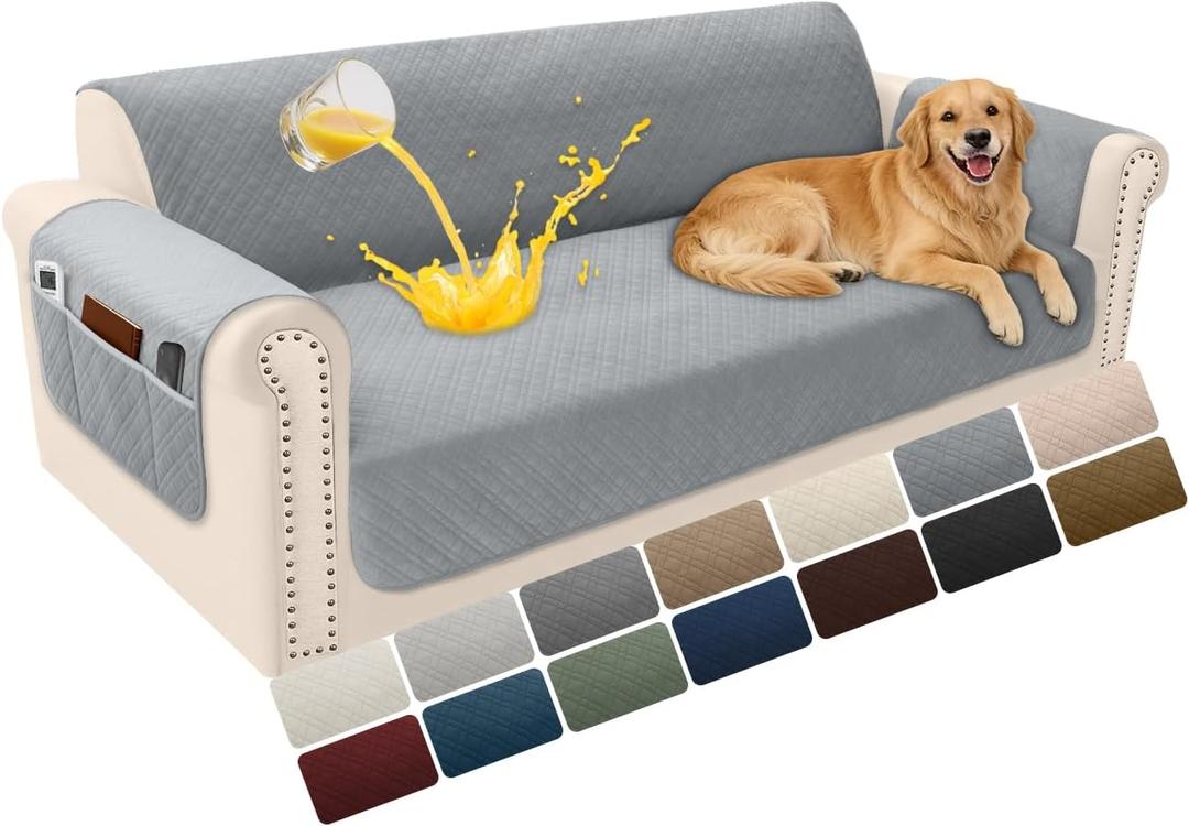 Velvet 100% Waterproof Couch Cover for Dogs Washable Sofa Covers for 3 Cushion Couch Pet Friendly Sofa Slipcovers Set Non Slip Quilted Furniture Protector with Pockets (Large, Silvery Grey)