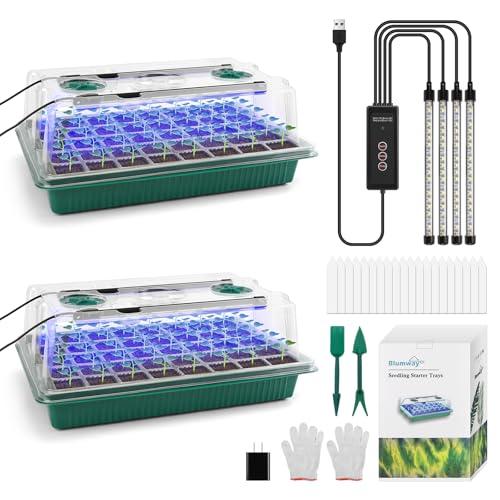 BlumWay Seed Starter Tray with Grow Light,2 Pack 80 Cells Seedling Tray Kit with Humidity Dome/Indoor Plant Starter Kit, Adjustable Brightness Plant Germination Trays