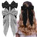 2Pcs Glitter Hair Big Bows for Women Sequin Hair Bows Clips Sparkly Bowknot Style Barrettes Long Tail Hair Accessories (Black&Silver)