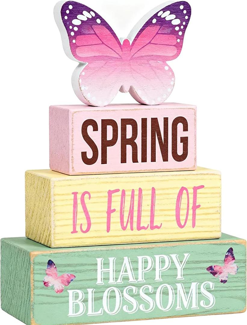 Spring Decoration Wooden Tiered Tray Decor – Butterfly Spring Stacked Block Sign with Floral Accents – Farmhouse Tabletop Spring Decor for Shelf Mantel Seasonal Home Display