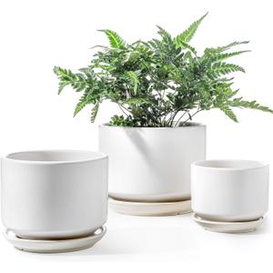 LE TAUCI Ceramic Plant Pots, 4.3+5.3+6.8 inch, Set of 3, Planters with Drainage Hole and Saucer, Indoor Flower Pot with Hole Mesh Pad, Gifts for Mom, White