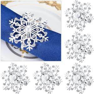 Patelai 6 Pieces Christmas Snowflake Napkin Rings Holder Buckle Rhinestone Pearl Decorative Metal Alloy Napkin Ring for Christmas Wedding Table (Silver)