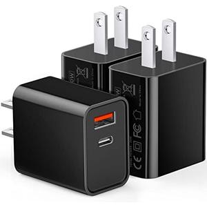 3 Pack Type C Charger, Dual Port USB C Wall Plug 20W PD & QC3.0 USB A Fast Charging Block for Samsung Galaxy S24 S23/S3+/S23 Ultra/S22/S22+/S22 FE/Note 20 Ultra/10, iPhone 16/17 Brick Box(Black)