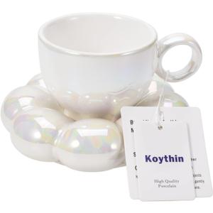 Koythin Ceramic Coffee Mug with Saucer Set, Creative Cute Cup with Sunflower Coaster for Office and Home, 6.5 oz/200 ml for Tea Latte Milk (Pearl White)