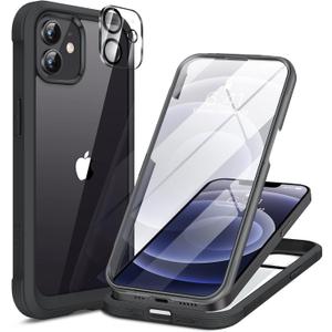 Miracase Glass Series for iPhone 12/12 Pro Case 6.1 inch, Upgraded Full-Body Rugged Phone Bumper Case Cover with Built-in 9H Tempered Glass Screen Protector and Camera Protector, Black