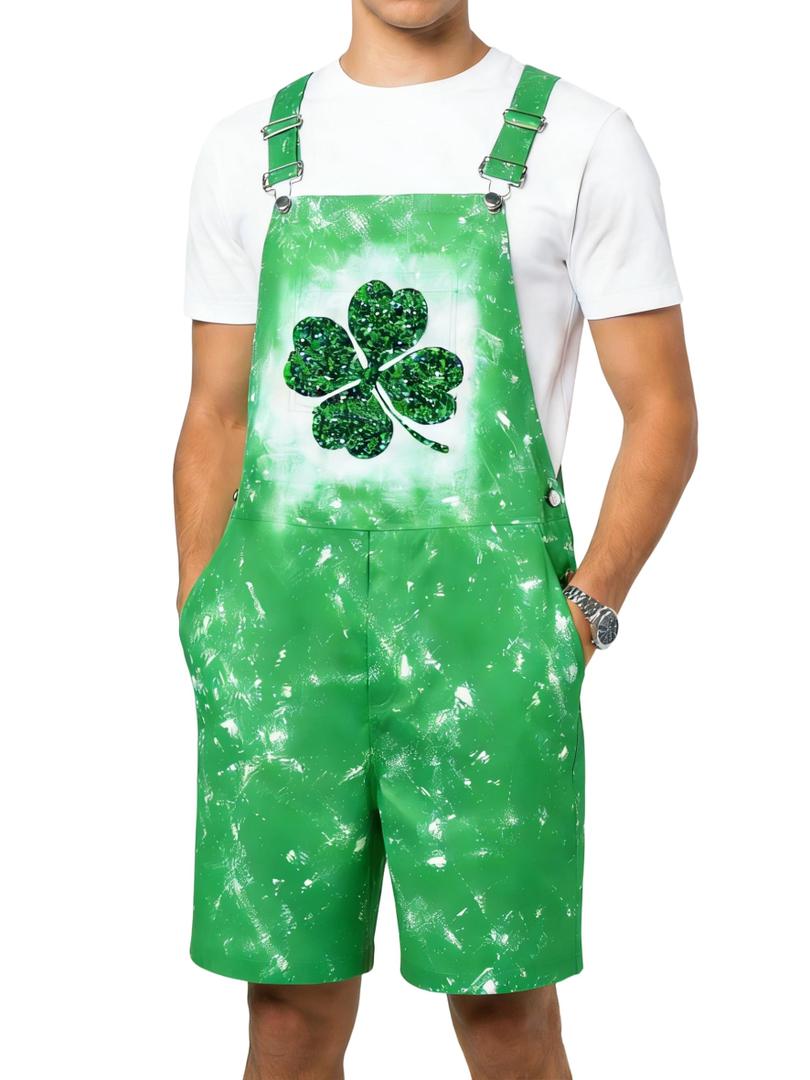 ZenGents Mens St. Patrick's Day Overalls 3D Green Irish Shamrocks Summer Shorts Bib Cool Graphic Jumpsuit Outfits for Men M