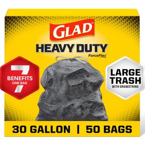 Glad Large 30 Gallon Trash Bags, Unscented Heavy Duty Garbage Bags, Forceflex with Drawstring, 50 Count 