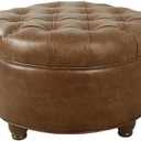 Homepop Home Decor | Button Tufted Faux Leather Round Storage Ottoman | Ottoman with Storage for Living Room & Bedroom (Brown)