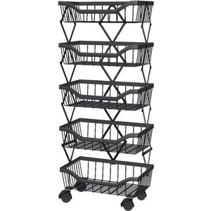 Fruit Vegetable Storage Basket 5 Tiers Stackable Metal Wire Fruit Basket Kitchen Cart with Wheels Vegetable Storage Holder for Onions Potatoes Bread Snack Veggie, Black