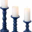 Set of 3 Navy Blue Candle Holders Rustic Farmhouse Mango Wood Candlestick Holder Large Pillar Candle Stand Vintage Antique Home Decor for Table Centerpieces Fireplace Mantel, 12", 9", 6" H