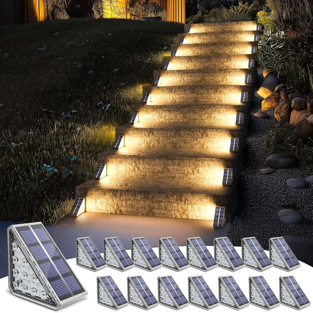 NIORSUN Solar Step Lights,16 Pack Stair Lights Outdoor Waterproof Auto On Off,Stair Solar Light Outdoor Waterproof for Steps,Patio,Yard,Porch,Front Door,Sidewalk,Deck Decor,Warm White