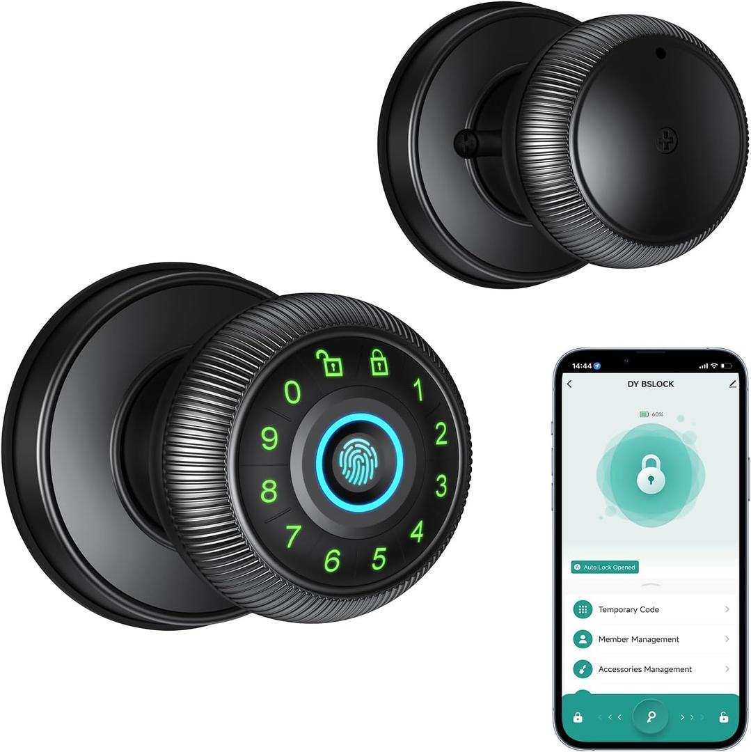 Fingerprint Door Lock - Smart Door Knob with Passcode Keypad, Finger Print Biometric Door Knobs & App Control, Keyless Smart Door Lock for Apartment Bedroom Hotel Office (Black)