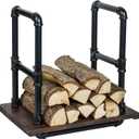 MyGift Modern Industrial Firewood Rack with Matte Black Metal Pipe Rails and Rustic Burnt Solid Wood Base, Compact Freestanding Fireplace Fire Starter Kindling Split Log Holder