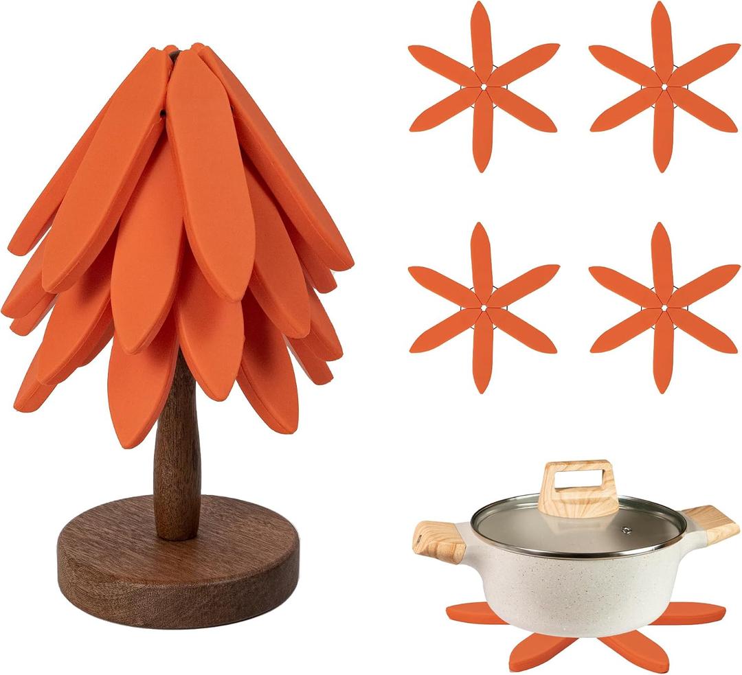 Silicone Trivets Mat Set for Hot Dishes - Tree Trivets with Stand - Hot Pads Pot Holders for Kitchen (Orange)