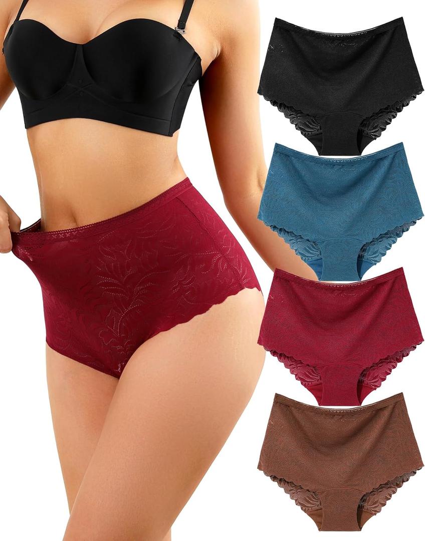 LEVAO Women's High Waist Lace Underwear, Soft Floral Lace Briefs with Full Coverage Panties for Women 4-Pack (Black,blue,burgundy,brown)