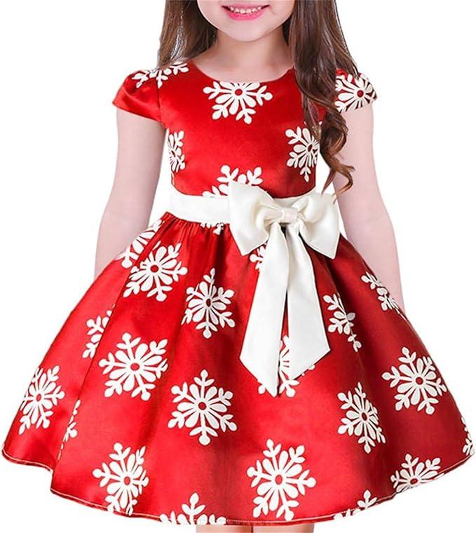 Tueenhuge Toddler Baby Girls Christmas Dress Snowflake Print Wedding Formal Birthday Party Dresses with Bowknot Belt, 100