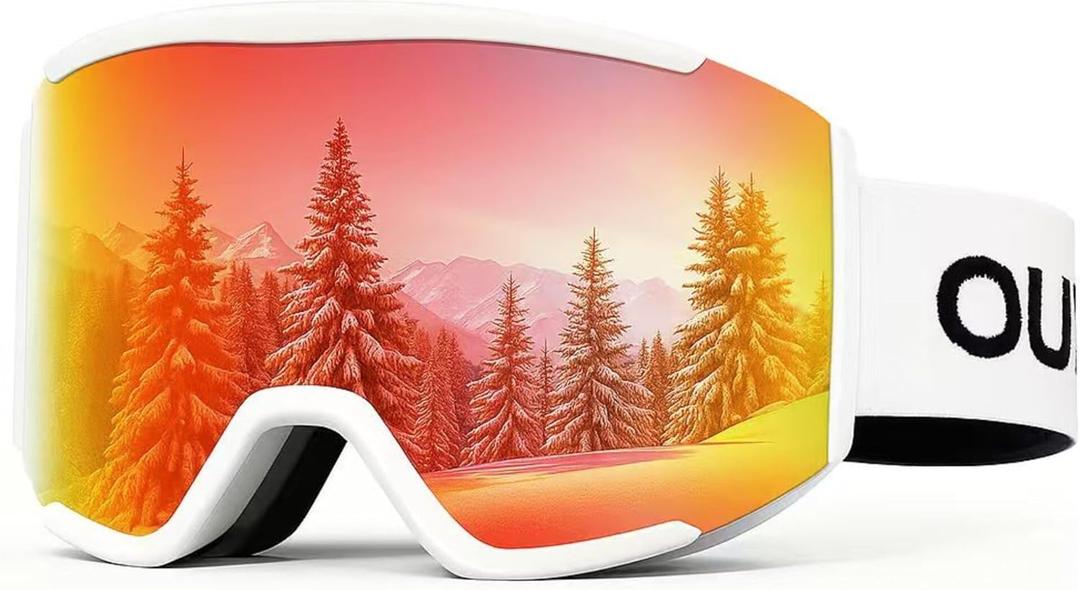 Ski Goggles for Men and Women, OTG, Anti-Fog Dual-Layer Lens, UV400 Protection, Helmet Compatible, Snow Goggles (Red Lens / White Frame)