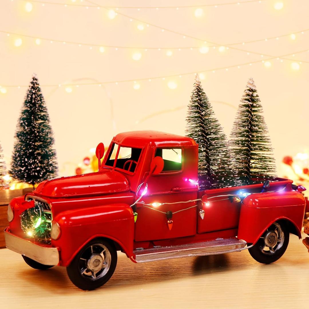 AerWo Christmas Farmhouse Red Truck Decor, LED String Lights Vintage Red Metal Pickup Truck Car Model with Mini Christmas Trees Ornaments, for Christmas Decorations and Table Top Decor