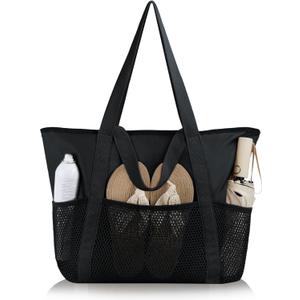 HOMESPON Beach Bag Large Waterproof Sandproof Foldable Tote for Women with Zipper Mesh Pockets for Pool Swim Travel Everyday (Black)