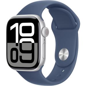 Apple Watch Series 10 [GPS 42mm case] Smartwatch with Silver Aluminum Case with Denim Sport Band - S/M. Fitness Tracker, ECG App, Always-On Retina Display,Activation Locked, Water Resistant