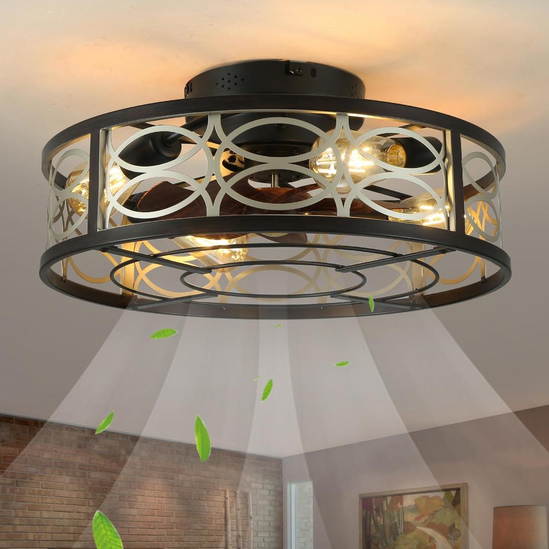 20" Caged Ceiling Fan with Light and Remote, Bladeless 6 Speed Reversible with 4 Bulbs and Remote Control. Low Profile Fan with Lights for Bedroom, Dining Room (Brown (2023 upgrade))