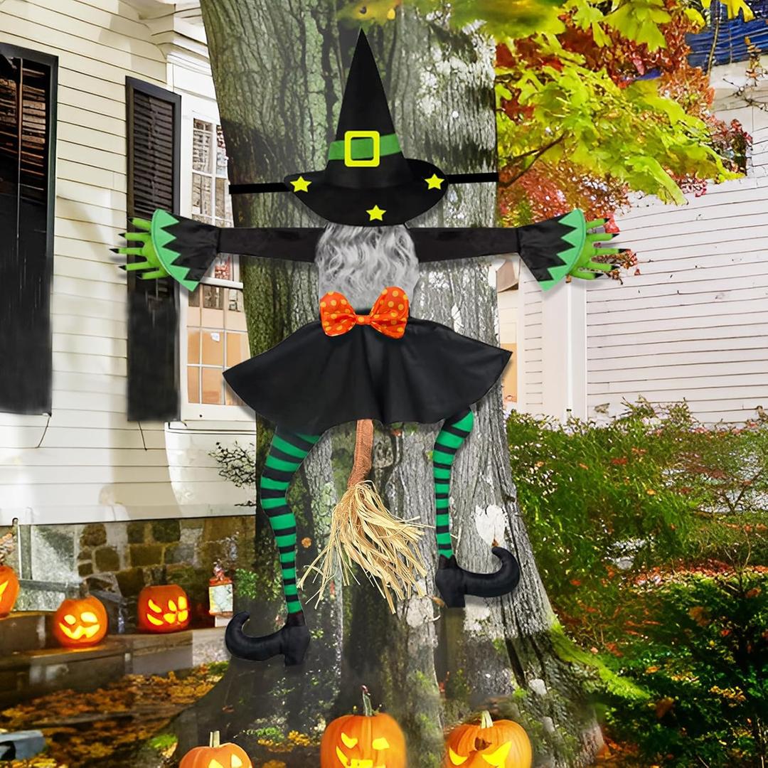 Crashing Witch Halloween Decorations Outdoor: 43" Flying Witch Crashing into Tree Halloween Decor Outside Hanging Props for Yard Patio Porch Tree Door (Green & Black)