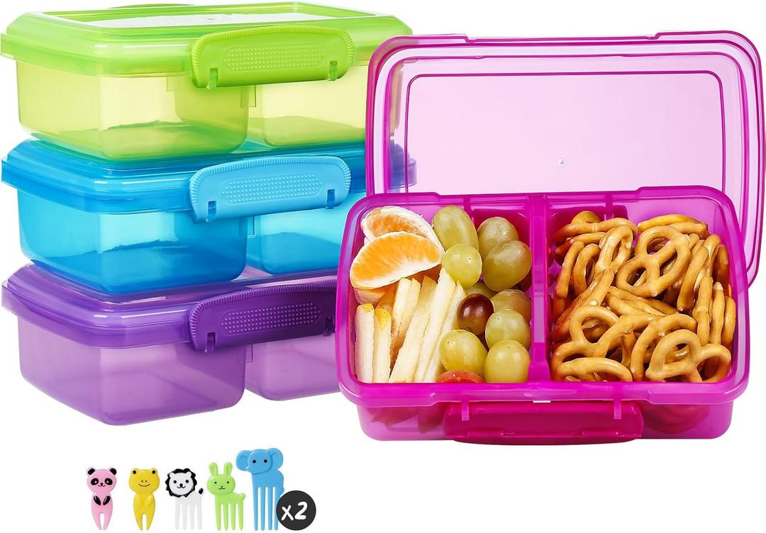 4 Pack Plastic Snack Containers with Lids, 2 Compartment Food Container for Kids Snack Box, Travel Bento Lunch Containers with forks for Fruits/Candies, Divided Food Storage Containers for School (Colorful)