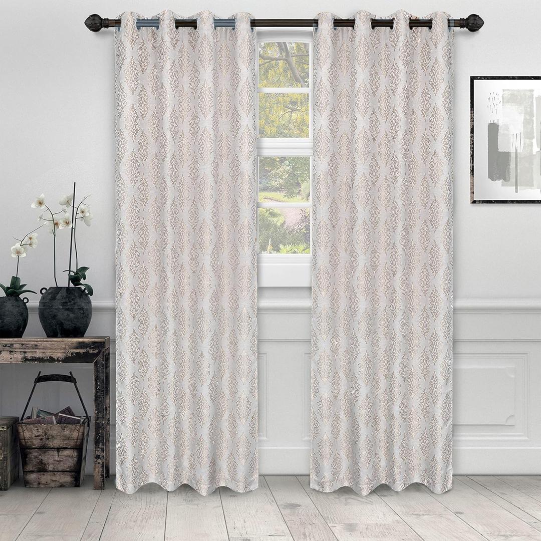 Superior Curtains, Window Treatments, Accents, Drapes Kitchen, Bedroom, Office, Living Room Windows, 8 Grommets, Chic Formal, Venetian Damask Jacquard Embroidered Curtains, Set of 2, 52" x 108", Ivory