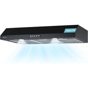 36" Under Cabinet Range Hood, Convertible Ducted/Ductless, 700 CFM Powerful Suction, 3-Speed Touch Control, 2 LED Lights, 6-Layer Stainless Steel Filters, Black