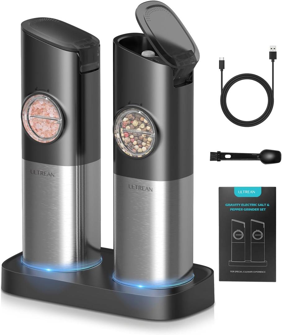 Ultrean Pepper Grinder, Rechargeable Gravity Salt and Pepper Grinder with 6 Adjustable Coarseness, LED Light, One-Hand Automatic Operation, Stainless Steel, Gifts for Fathers Day