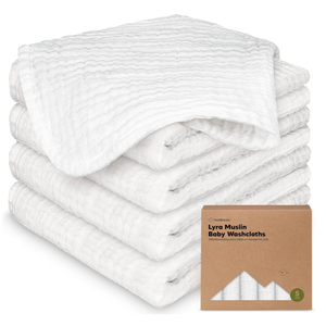 5Pack Muslin Baby Washcloths for Newborn – 12x12" Soft Absorbent Organic Cotton Muslin Wash Cloths for Babies Girl, Boy, Infant, Toddlers, Kids Face Towel, Bath Essentials,Baby Burp Rags (Soft White)