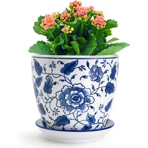 HakkaGirl 8 inch Ceramic Planters for Indoor Plants, Chinoiserie Decor Ceramic Pots for Plants Flower Plant Pots Indoor with Drainage and Saucer, Blue and White, 8" Diameter