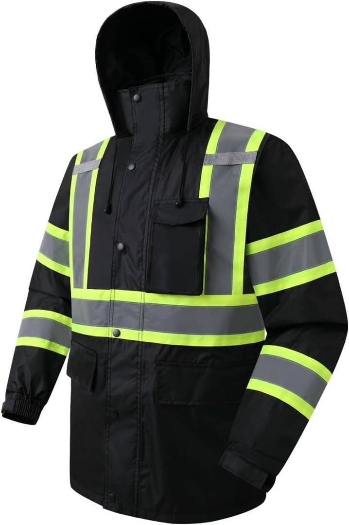 JKSafety Hi-Vis Reflective Safety Rain Jacket for Men Women Waterproof Rain Gears for Farming Fishing Work HV Rain Jacket with Inner Mesh Lining and Pockets (117A-Black XL)