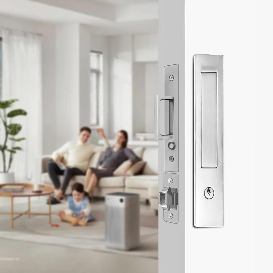 Pocket Door Locks, Edge pulls, Hidden Handles, Pocket Door Locks with Keys, Pocket Door Hardware, Sliding Door Hardware, for Doors 1 5/13" to 2 2/8" Thick (Silver, Key Type)