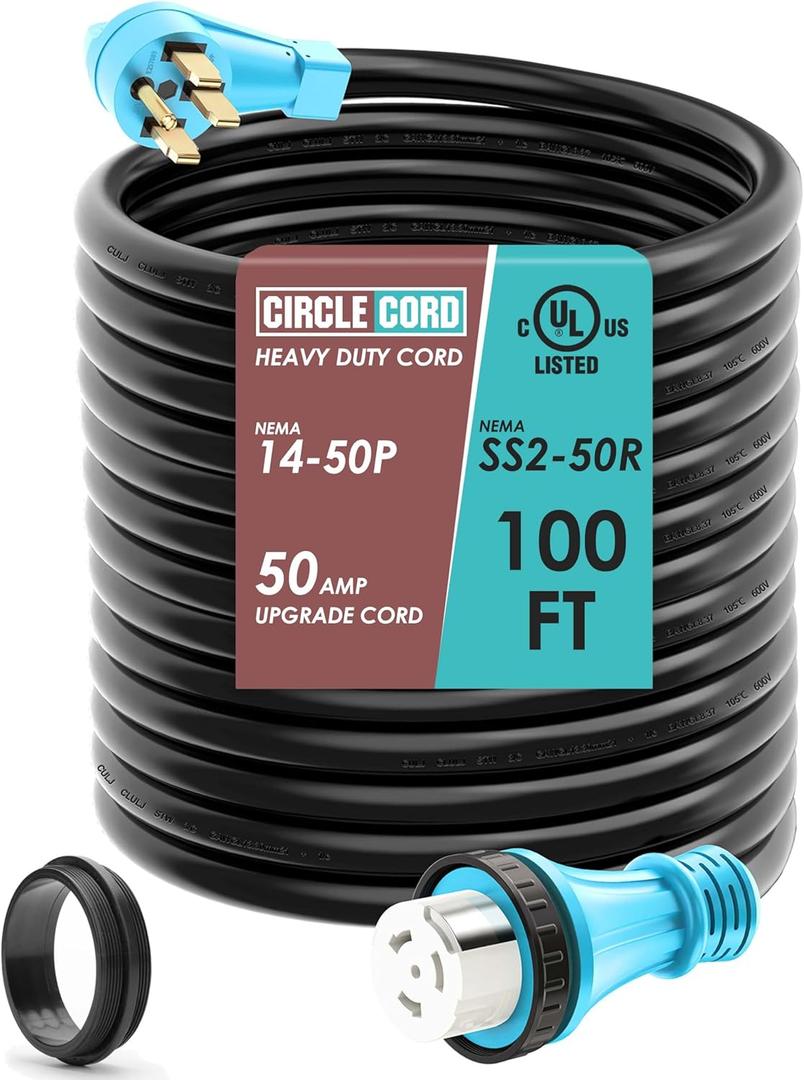 CircleCord UL Listed 50 Amp 100 Feet RV/Generator Cord with Locking Connector, Heavy Duty 6/3+8/1 Gauge STW Wire, 14-50P Male and SS2-50R Twist Locking Female for RV Camper and Generator to House