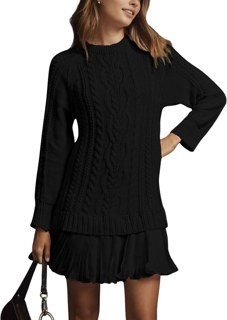 Women Cable Knit Sweater Dress Crewneck Long Sleeve Pleated Mini Dress Twofer Style Patchwork Dress (Small, Black)