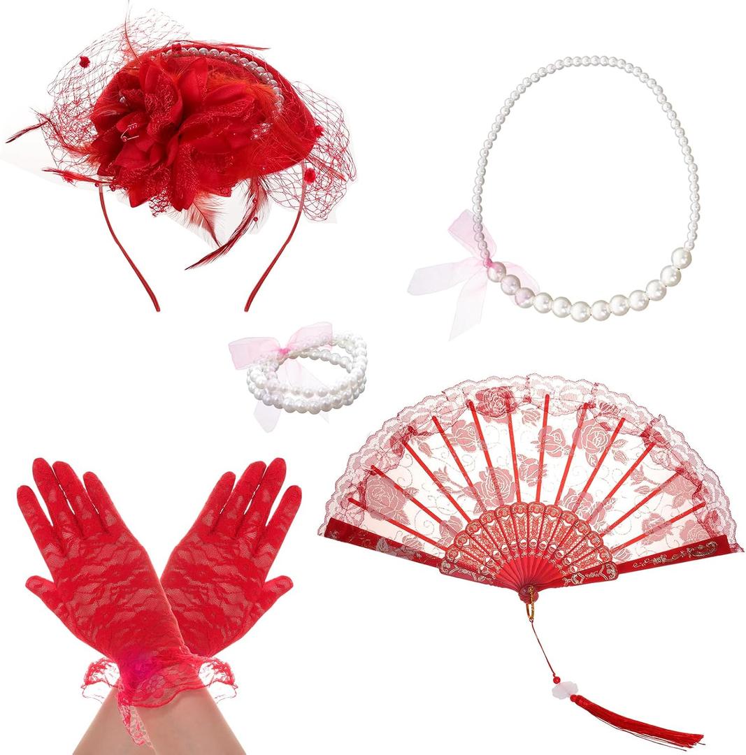 Fumwase 5Pcs Tea Party Accessories Set for Women Afternoon Tea Accessories Kit Gloves Hats Necklace Fan Bracelet, Red