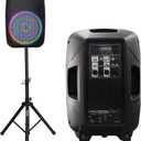 Portable 15-Inch PA Speaker System DJ Amplified Loud Speaker with Stand Bluetooth/USB/SD Card Reader/FM Radio/Remote Control/LED Light, Good for Churches, Bands, Parties