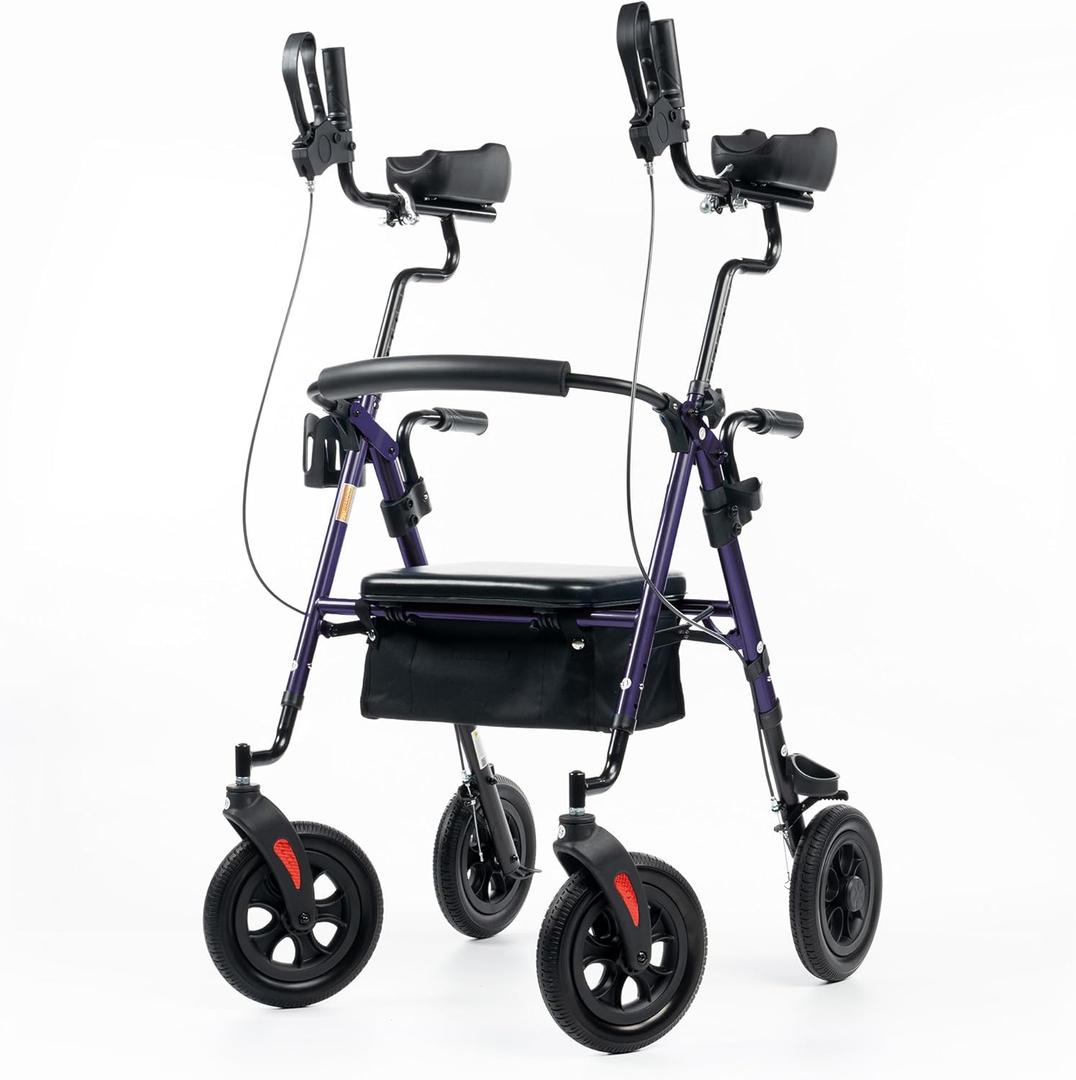 ELENKER All-Terrain Upright Rollator Walker, Stand Up Rolling Walker with 10’’Big PU Wheels and Adjustable Padded Armrests for Seniors from 4’8”to 6'4”, Purple