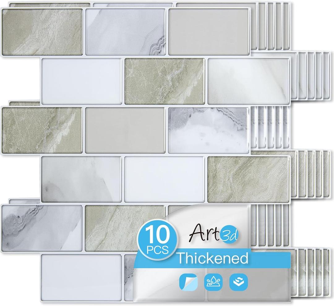 Art3d Peel and Stick Beige & White Wall Tiles  12"x12" Thickened Design Backsplash, Self-Adhesive Tile for Kitchen & Bathroom Decor