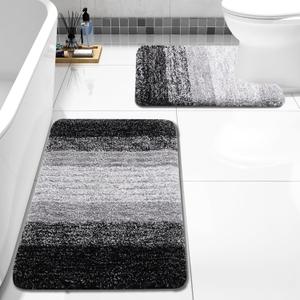 Arotive Bathroom Rugs Sets 2 Piece, Soft Absorbent Microfiber Bath Mats and U-Shaped Contour Toilet Rug, Non-Slip Machine Washable Dry Bath Mats for Bathroom, 30x20 and 24x20, Black (30" x 20" + 24" x 20")