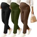 3 Pack Women's Maternity Pants Pregnancy Leggings Over The Belly Wide Waist Pant Pocket Ruched Work Casual Trouser (Army Green, Coffee, Black, Large)