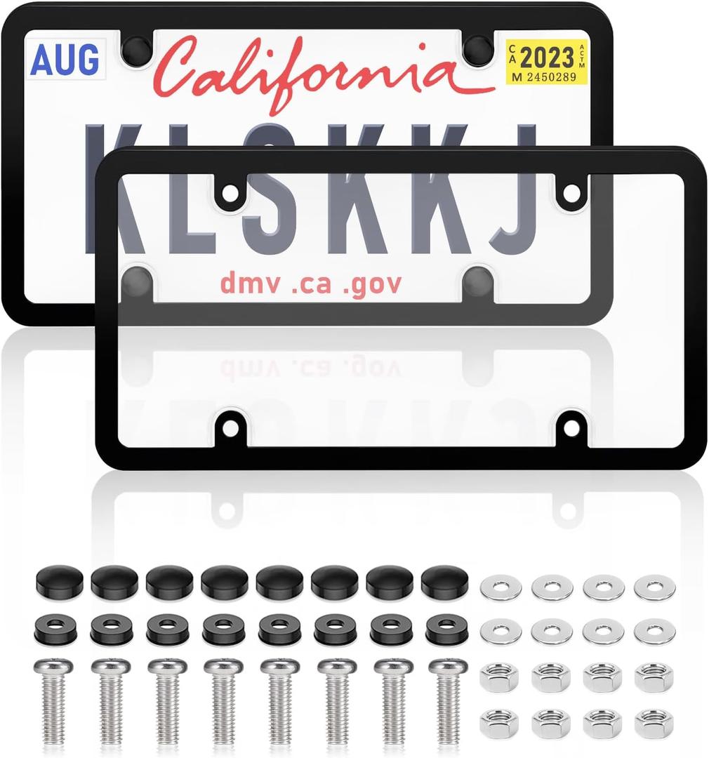 2 Pack Clear License Plate Covers and Frames, License Plate Protector Unbreakable Plastic Shields Tag Holder Fits Standard US Plates with Screws Caps