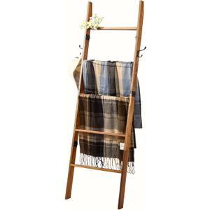 5-Tier Blanket Ladder for Living Room | 57.87'' Wooden Blanket Holder -Decorative Ladder for Blankets with 3 Removable Hooks-Easy Assembly Blanket Ladders for the Living Room-Bedroom-Home Decor, Brown