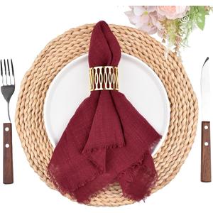 2 x Fall Thanksgiving Rustic Cloth Napkins 16.5x16.5 Inches Handmade Cotton Linen Napkins with Fringe Boho Washable Dinner Napkins in Bulk for Wedding Party Table Decor Set of 4 Burgundy