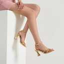 Goderci Women's Kitten Strappy Mid heels Square Open Toe Ankle Strap Heeled Sandals (Gold)size 9