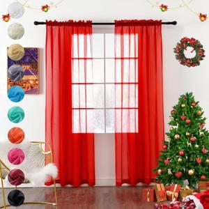 youleyar Solid Sheer Rod Pocket Curtain Voile Draperies 2 Panels White Beige Black Grey Coffee 52 Inch Width 84 Inch Long 1 Pair for Kitchen Bedroom Children Living Room Yard (Red,52W84L)