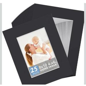 Somime 25 Pack Black Picture Mats - 8x10 Pre-Cut Mats for 5x7 Photos - White Core Bevel Cut Frame Matte, Acid Free, Ideal for Frames, Artwork and Prints